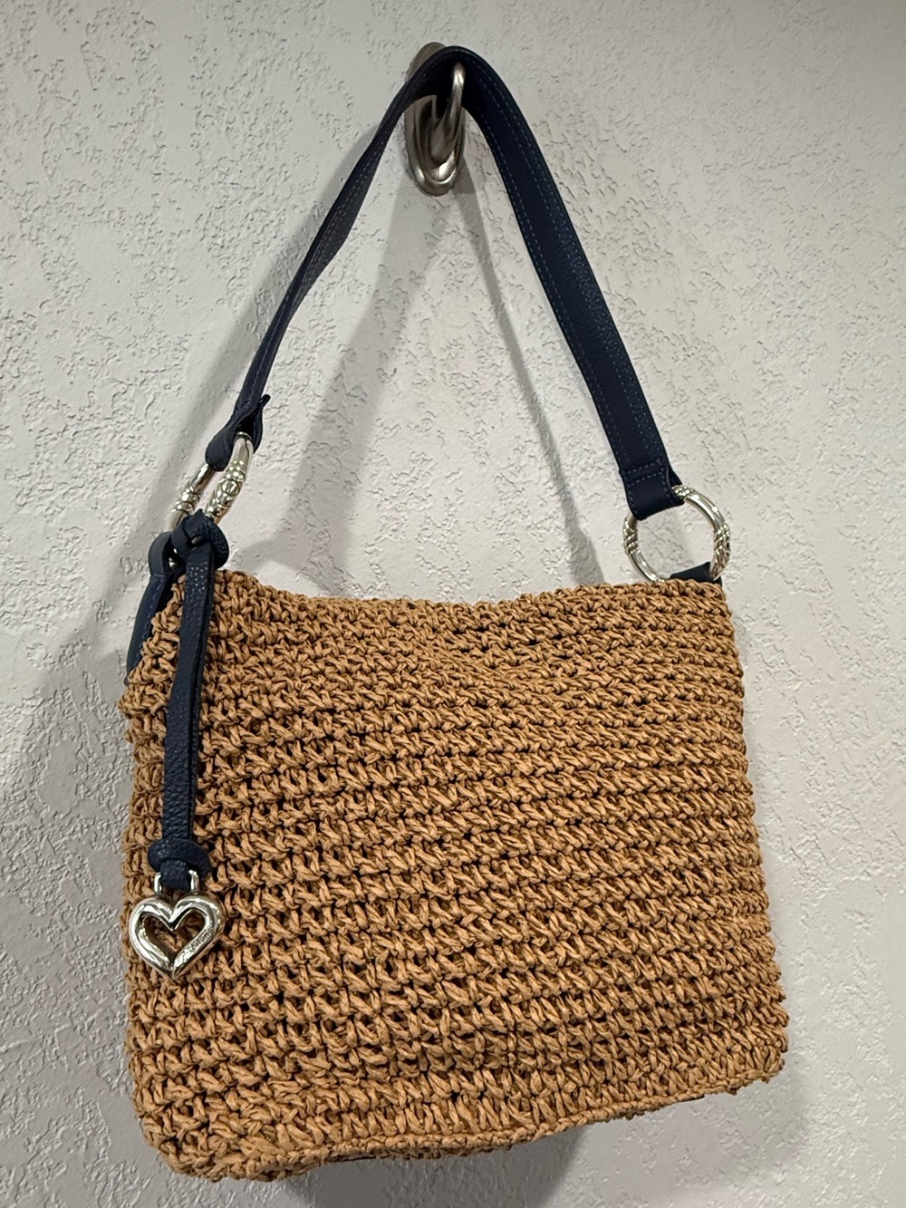 Brighton - Straw Woven Shoulder Bag with Navy Trim and Heart Charm - Picture 6 of 8